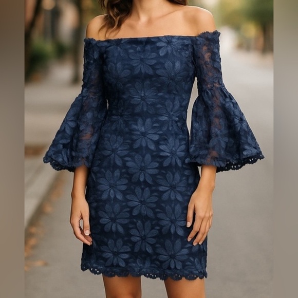 Lauren Ralph Lauren Navy Off-Shoulder Bell Sleeve Dress - Picture 1 of 12